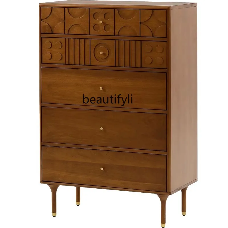 

Modern Retro Solid Wood Chest of Drawers Bedroom Living Room Storage Locker Nordic Mid-Ancient Carved Chest of Drawers