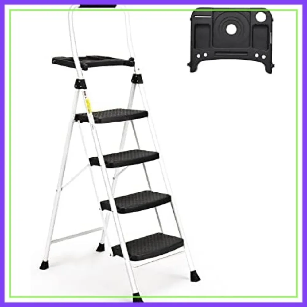 

4 Step Folding Ladder with Tool Platform, 330LBS Capacity Steel Step Stool for Home Kitchen Pantry Office