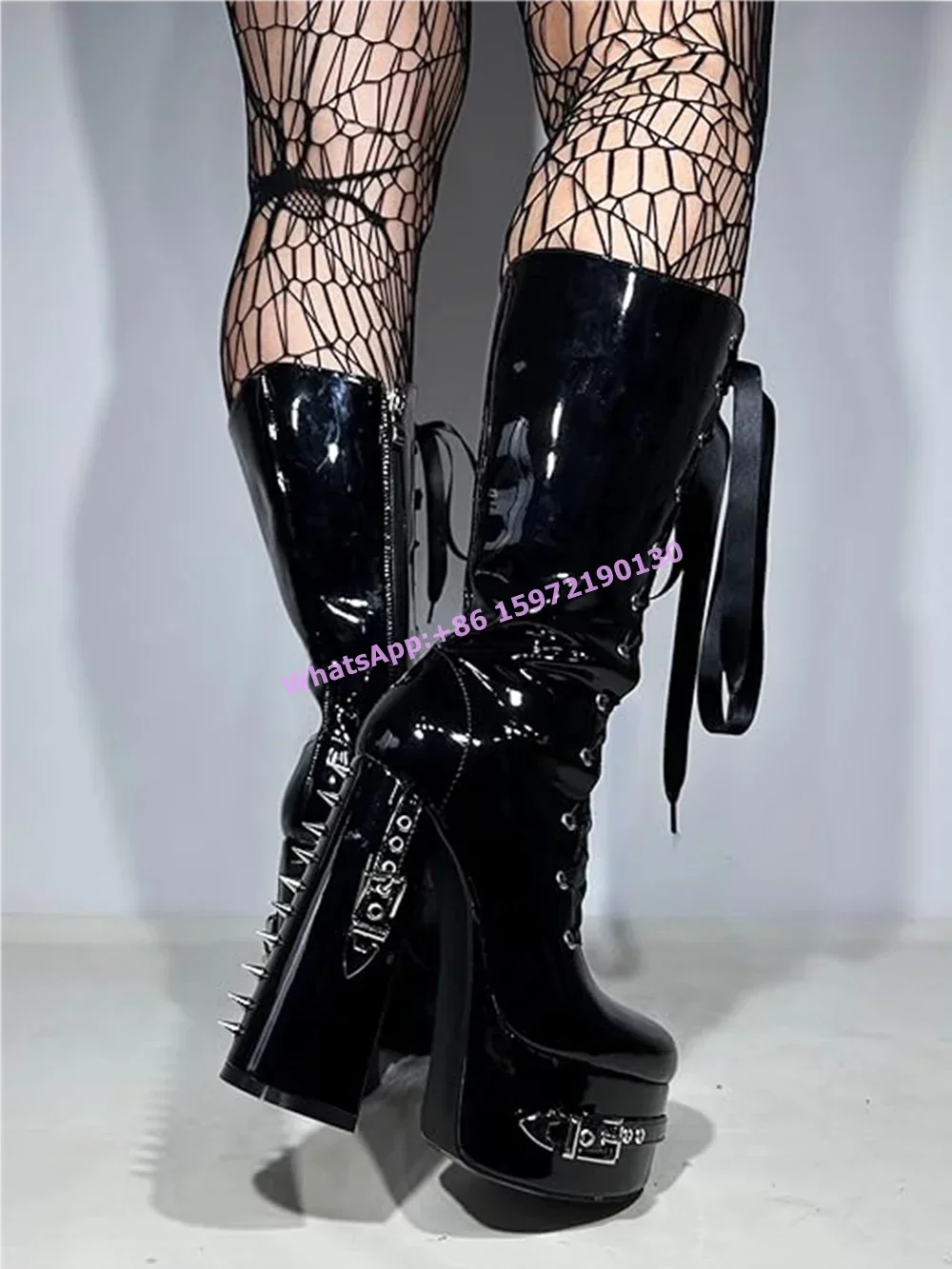 Platform Hollow Boots Square High Heel Patent Leather Cross Tied Ribbon Side Zipper Long Shoes Dark Punk Black Lolita Shoes 2024