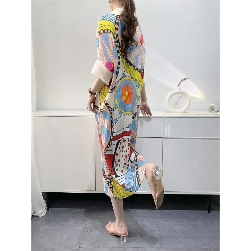 Boutique MIYAKE Pleated Style New Spring/Summer Printed 100 Loose Size Mom\'s Medium Length Pleated Dress [L-303]