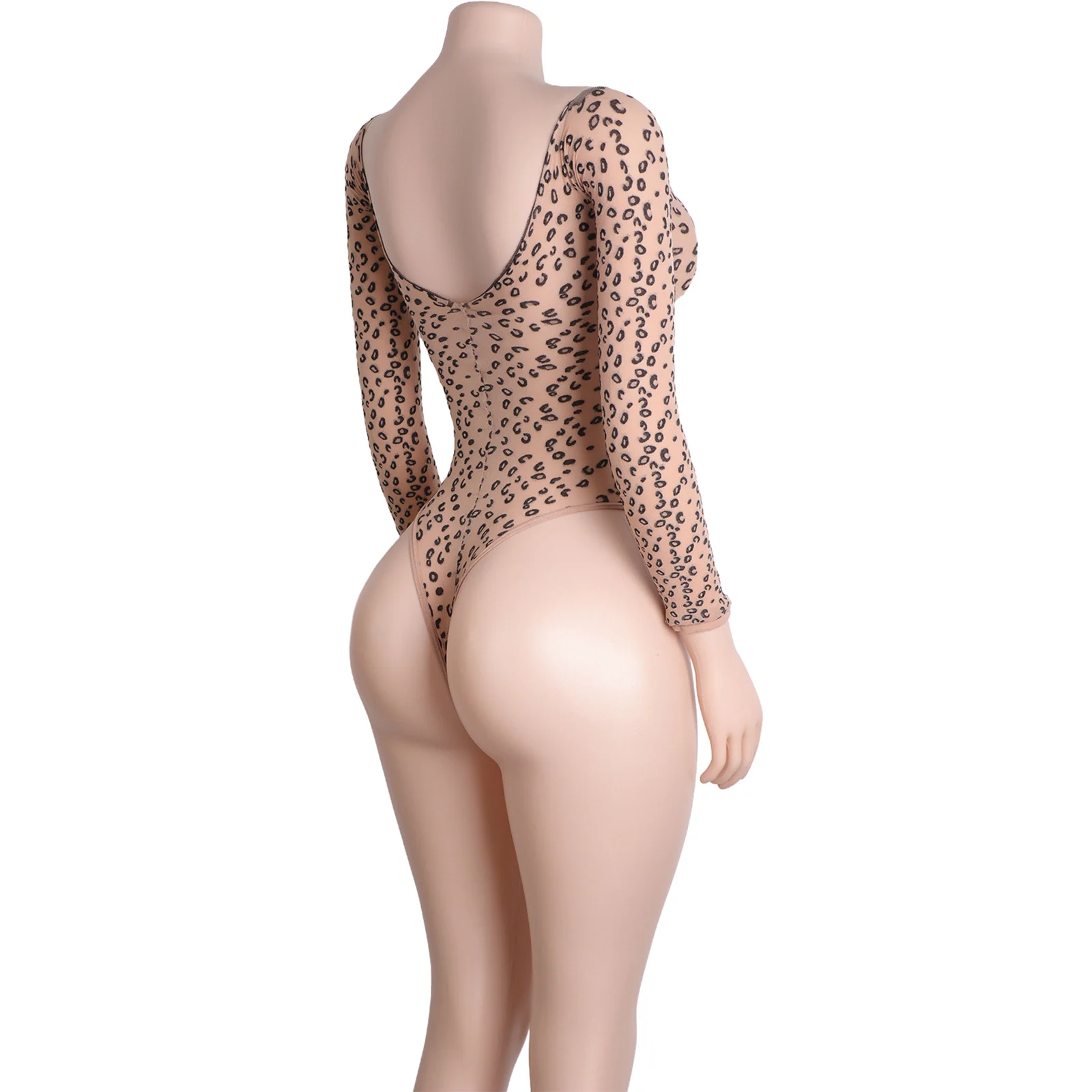 Tanga mit Leopardenmuster, Netz-Bodystocking, lange Ärmel, exotische Clubwear, Tänzerin, Kostüm, Performance, Nachtclub-Outfit