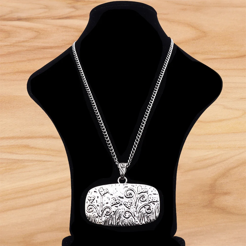 Tibetan Silver Large Flower Grass Plant Hammered Rectangle Pendant on Long Chain Necklace Lagenlook 34 Inches for Jewelry Women