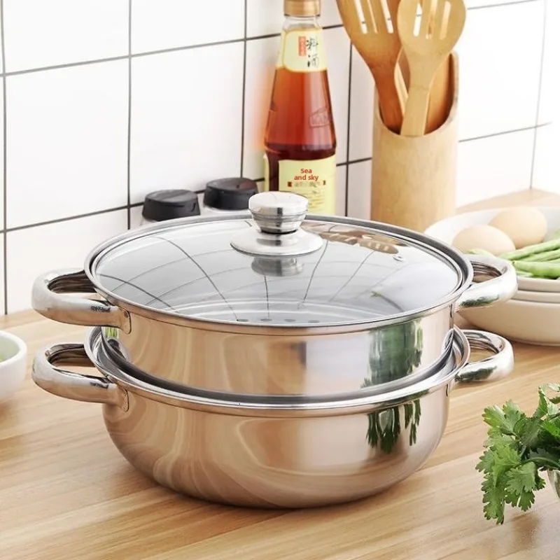Multifunction Steam Pot Stainless Steel Thickened Three Layer Steamer Dumplings Buns Cookware Induction Compatible Steam Cooker
