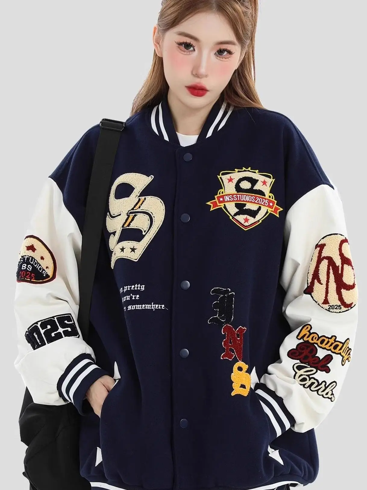 

Casual American Sle Fce Lined Towel Embroidered Jaet Loose Fit Baseball Sle Outerwear Versatile Faionable Couple's...