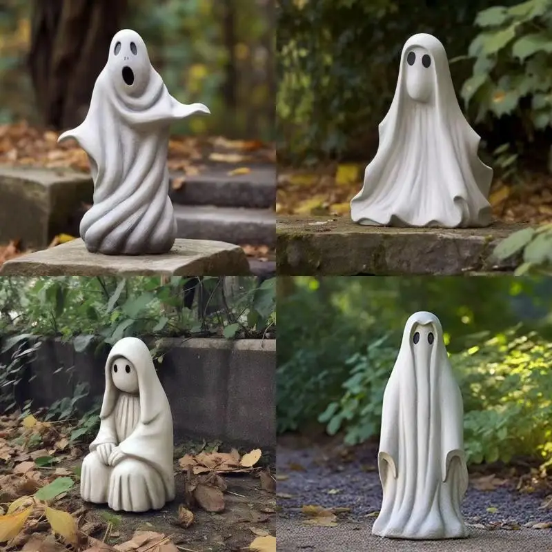 Resin Craft White Ghost Sculpture Halloween Cute Garden Statue Outdoor Yard Tabletop Ornament Home Holiday Party Decoration