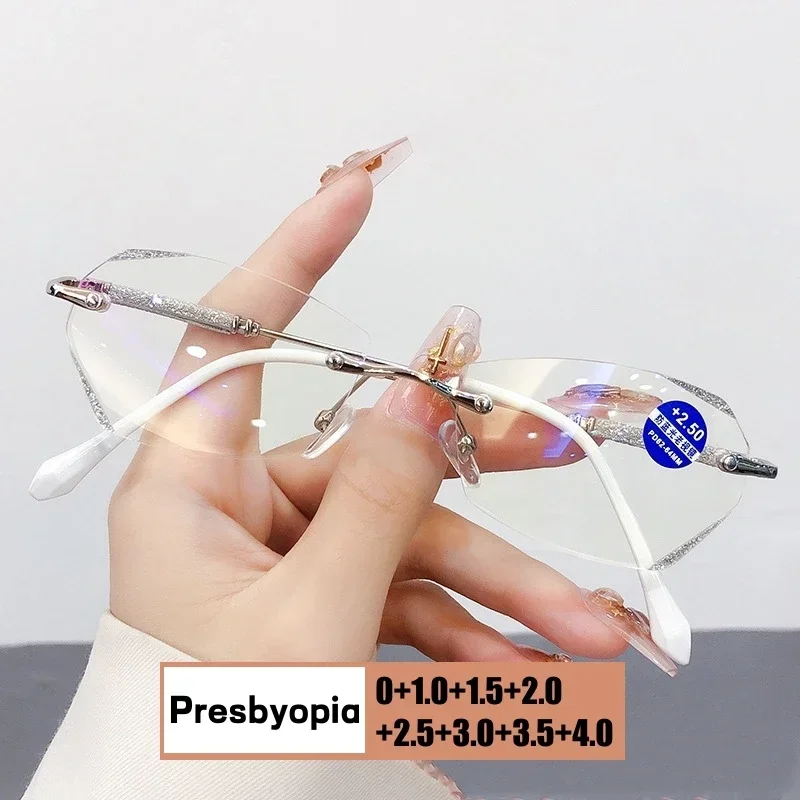 

Women's Trendy New Rimless Reading Glasses Blue Light Blocking Transparent Far Sight Eyeglasses Men Lady Diamond Cut Presbyopia