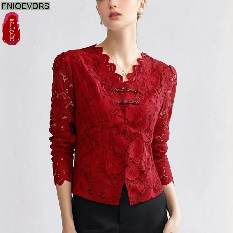 

Новогодние рождественские красные кружевные топы, блузки, модные женские элегантные офисные женские рубашки с длинными рукавами, однотонные ретро винтажные черные кружевные рубашки