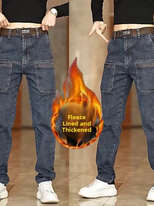 Men's Fleece Lined Thick Straight Leg Jeans Multi Pocket Workwear Casual Loose Fit Elastic Waist Jeans Youth Trendy Denim Pants