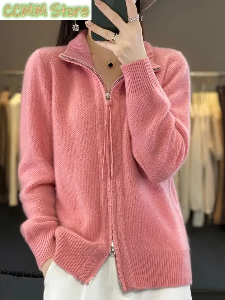 

Women's Merino wool cardigan stand up collar zipper sweater autumn and winter thick cashmere knitted warm long sleeved top