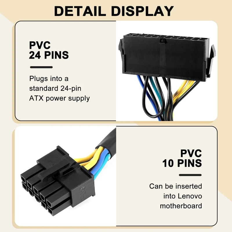 Adaptor daya utama 24 Pin ke 10 Pin ATX PSU kabel lengan kepang untuk IBM untuk Lenovo PC dan server 12 inci (30Cm)