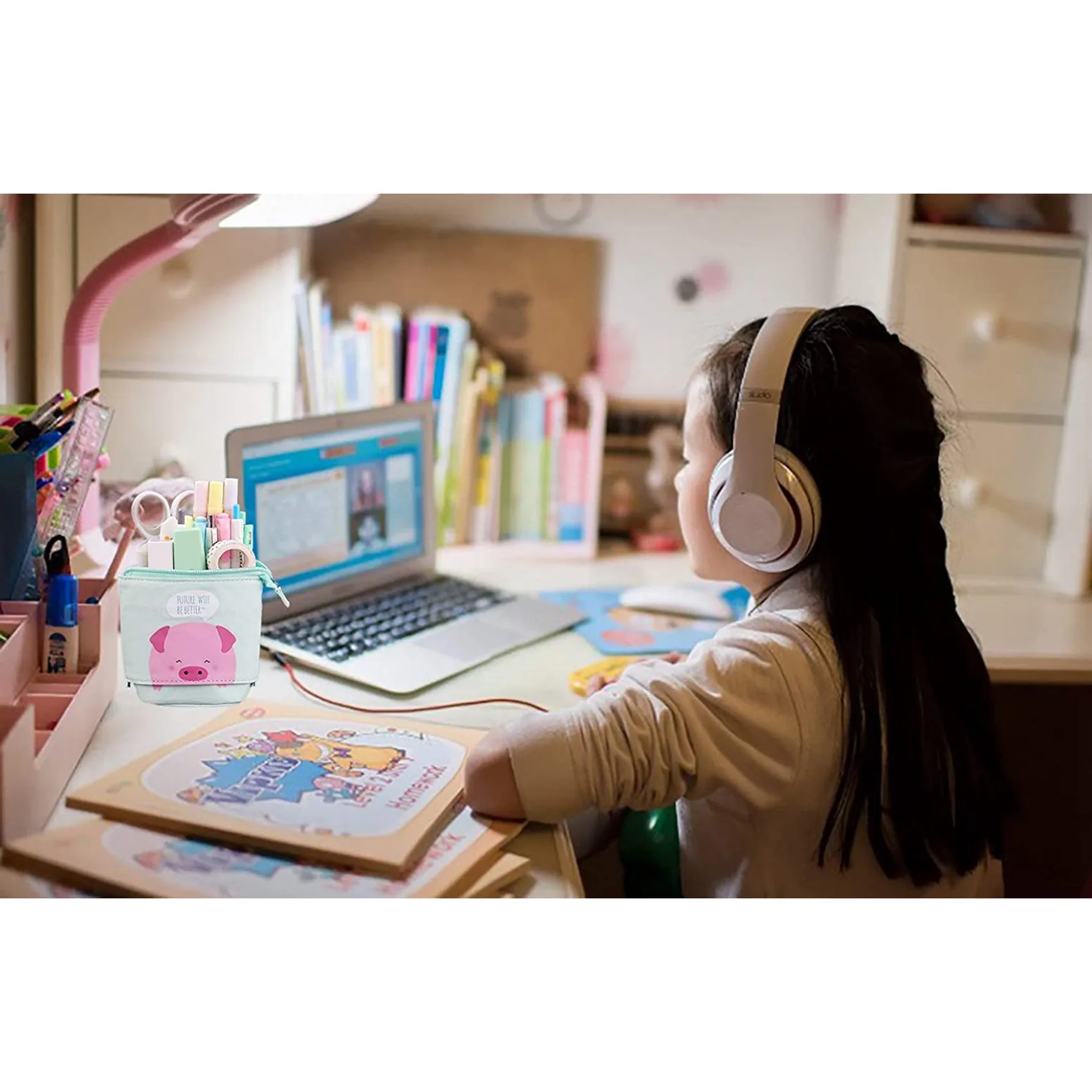 Stand Up Pencil Holder Pencil Case Pen Bag Cute Cartoon Stationery Organizer Cosmetics Pouch for Students(Pink)