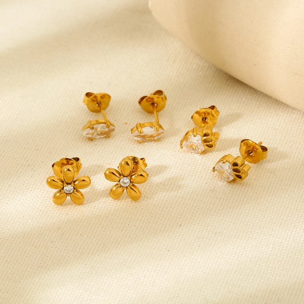 Dainty Women Earrings Jewelry Hypoallergenic 18K Gold Plated Stainless Steel Cubic Zirconia Flower Crown Eye Stud Earrings Set