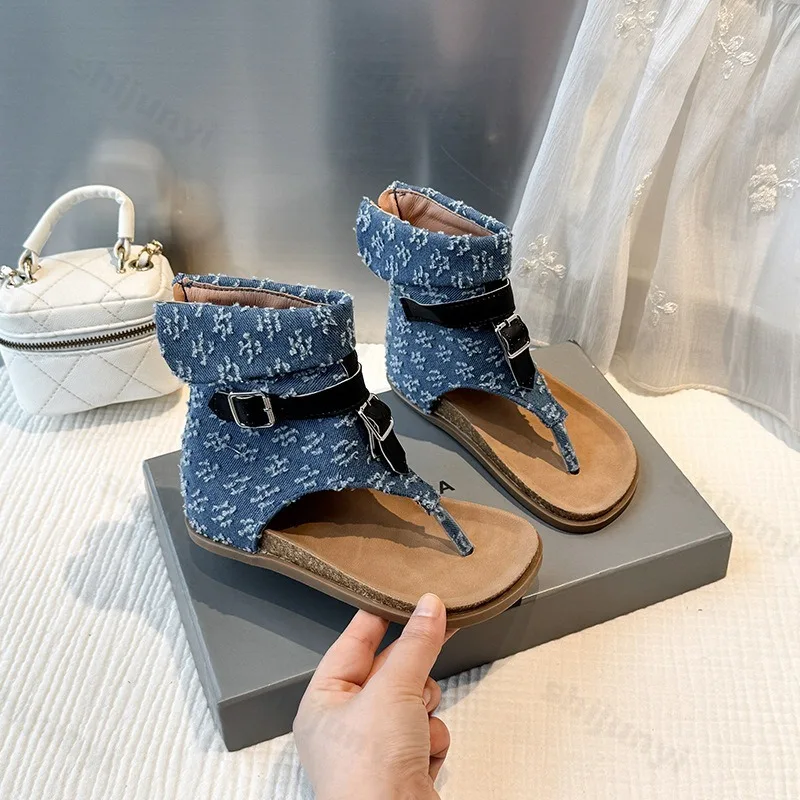 

Girls' Fashion Trend Denim Design Sandals 2025 Summer New Versatile Comfortable Hollow Breathable Clip Toe Low Heel Beach Shoes