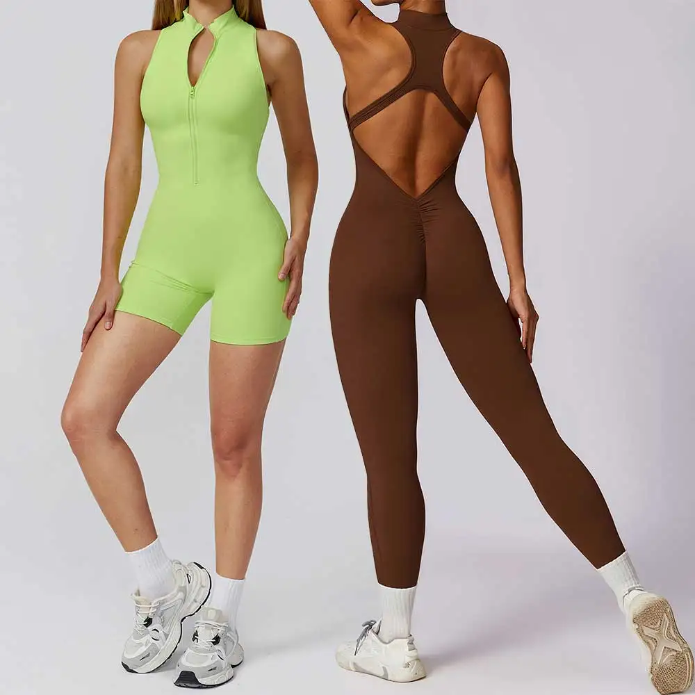 Scrunch Sports Overalls Gym Jumpsuit Women's Fitness Suit Short Sets for Woman Tracksuit Yoga Clothing Zipper Workout Sportswear image 2