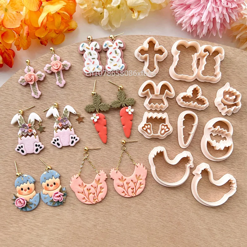 Easter Days Animal Bunny Polymer Clay Cutters Easter Cute Chicken Rabbit Cross Pottery Clay Earrings Cutting Die Jewelry Tools