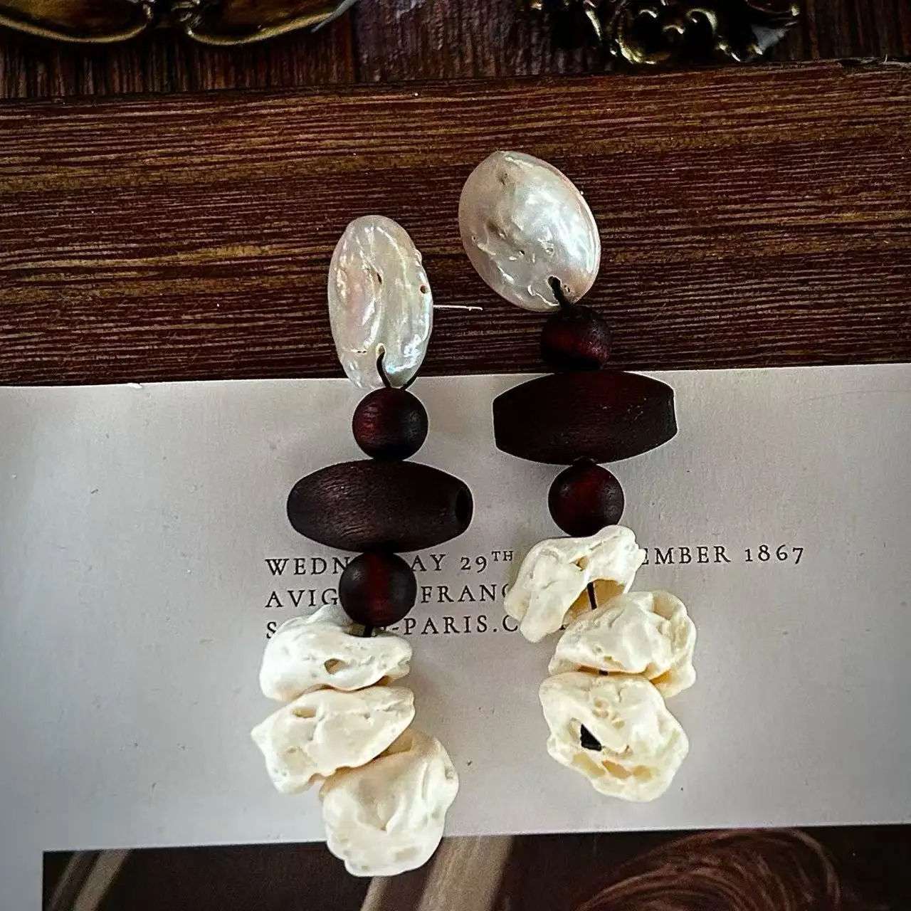 Monies style retro earrings, natural baroque handmade earrings, bone wood splicing design niche earrings