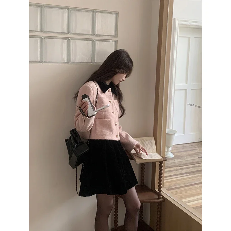 MEXZT Vintage Cropped Wool Blends Coats Women Sweet Pink Patchwork Jacket Winter Commute Woolen Overcoat Korean Chic Outwear New