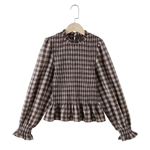 Imagen 1 del producto Zevity 2026 Blusa Elegante para Mujer con Pliegues y Volantes, Estampado a Cuadros Pequeños, Camisa Entallada Tipo Smock, Blusa de Manga Larga con Diseño de Panal de Abeja para Primavera LS9534