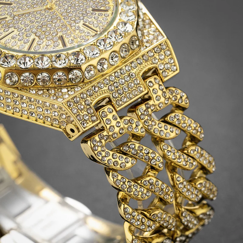 Men's Cuban Link Chain Quartz Watch, Iced Diamond Watch, Hip Hop Moda, Frete Grátis, Nova Marca, Frete Grátis