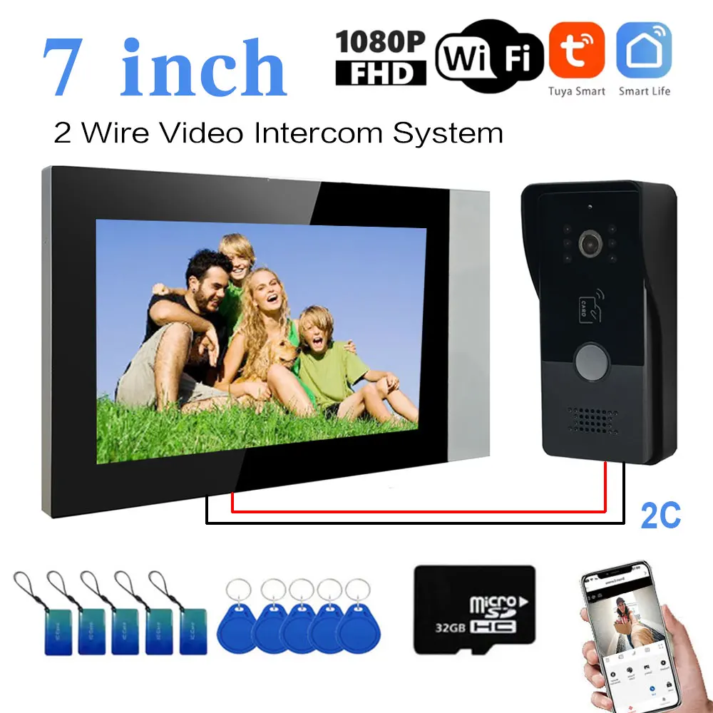 Smart Home Tuya Wireless Wifi Videocitofono Videocitofono 1080P Videocitofono touch screen a colori da 7 "Sistema di videocitofono a due fili