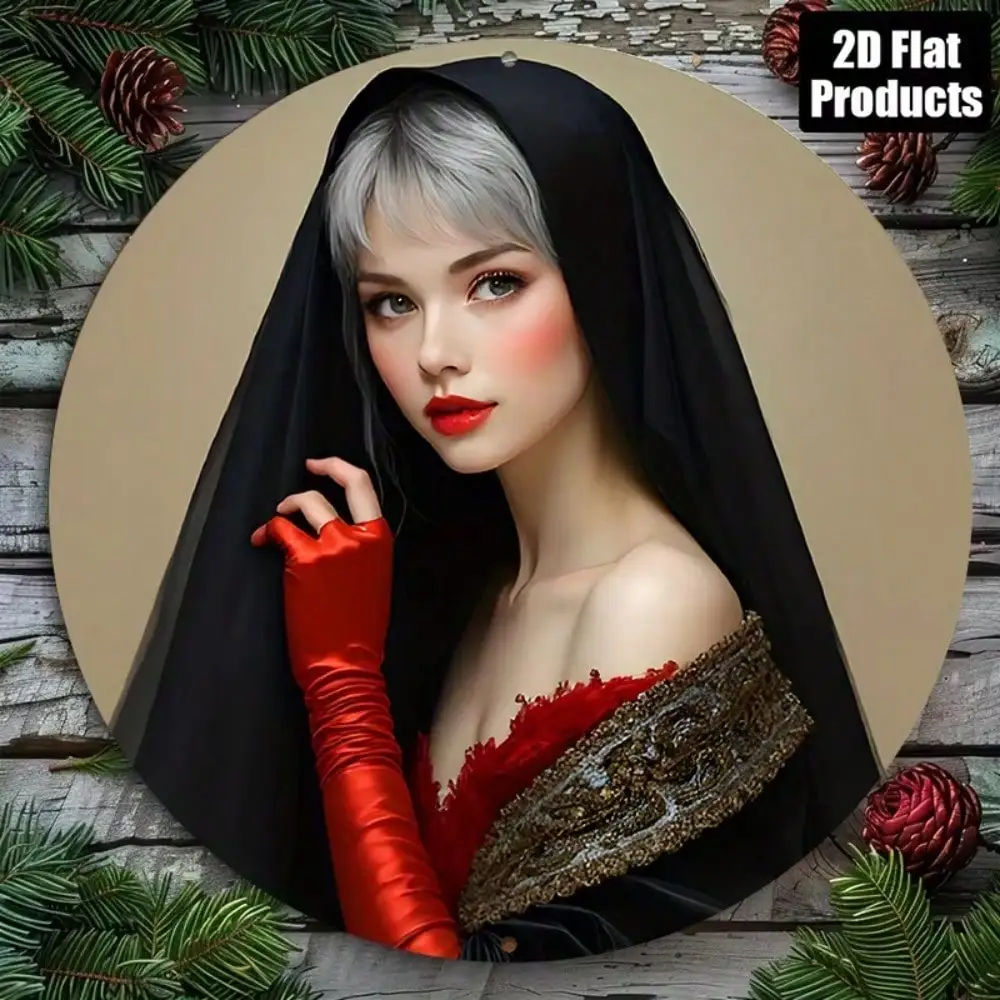 2D Flat High Definition Metal Wall Art Mysterious Fantasy Woman Silver Short Hair Black Veil Red Lips Off-Shoulder Dress Gold Em