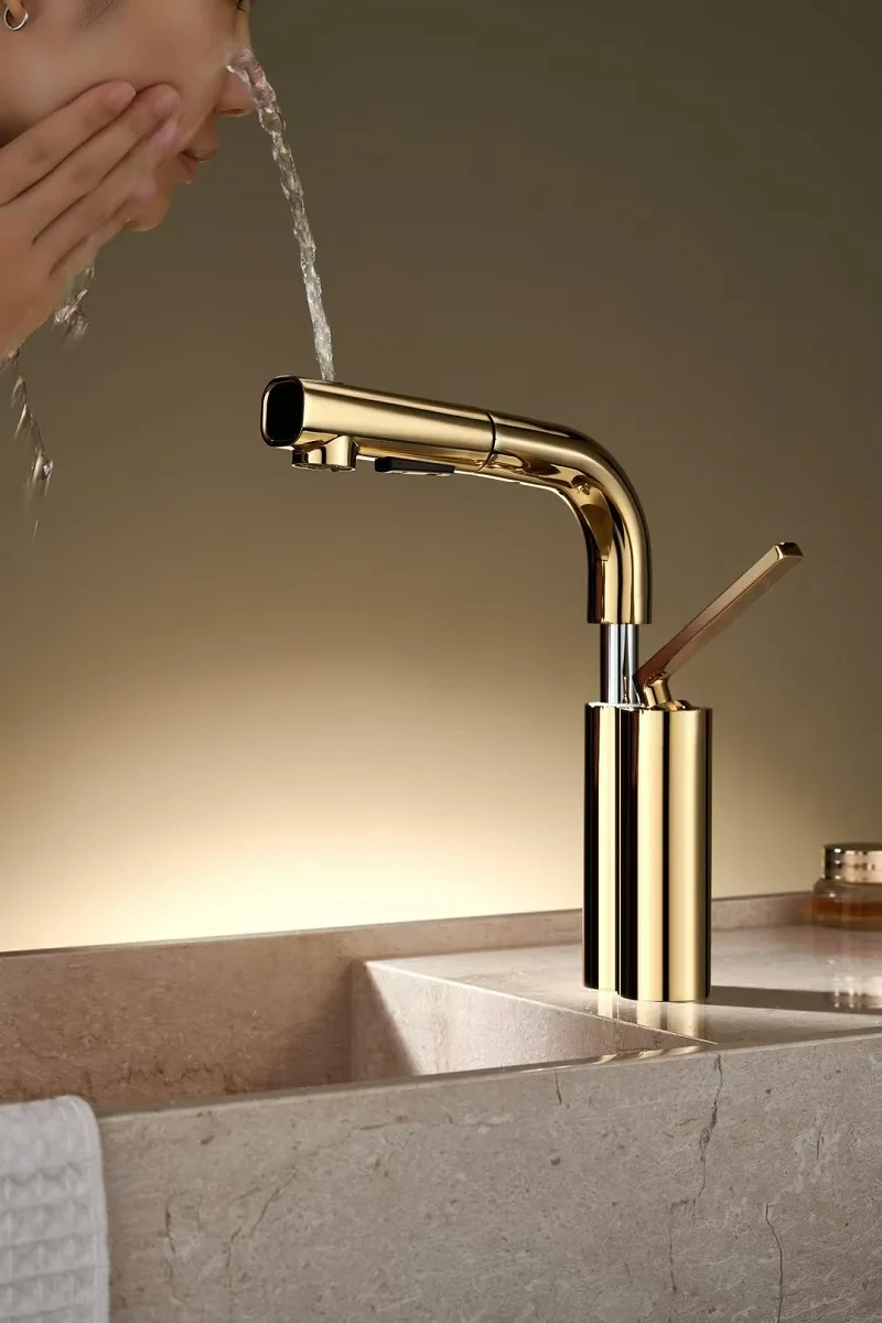 Luxury Brass Single Hole Brushed Gold Bathroom sink faucet Top Quality Hot cold water Lavabo Tap Pull Out multifunctional Faucet