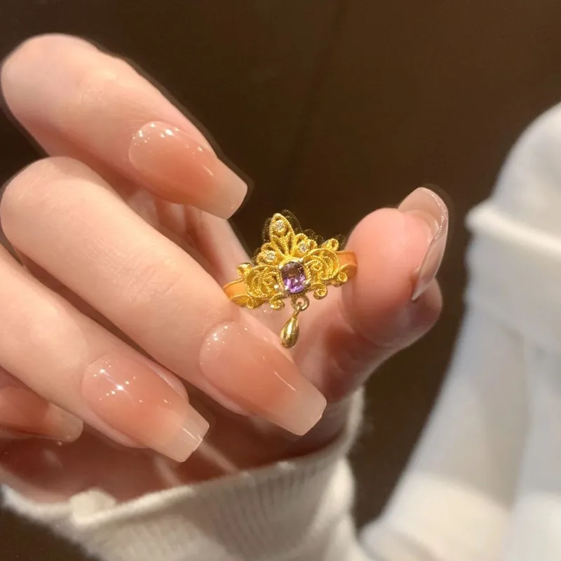 خاتم بطانة من الذهب الفرنسي القديم للنساء، خاتم مفتوح مرصع على الموضة وخفيف الوزن على طراز المحكمة #1