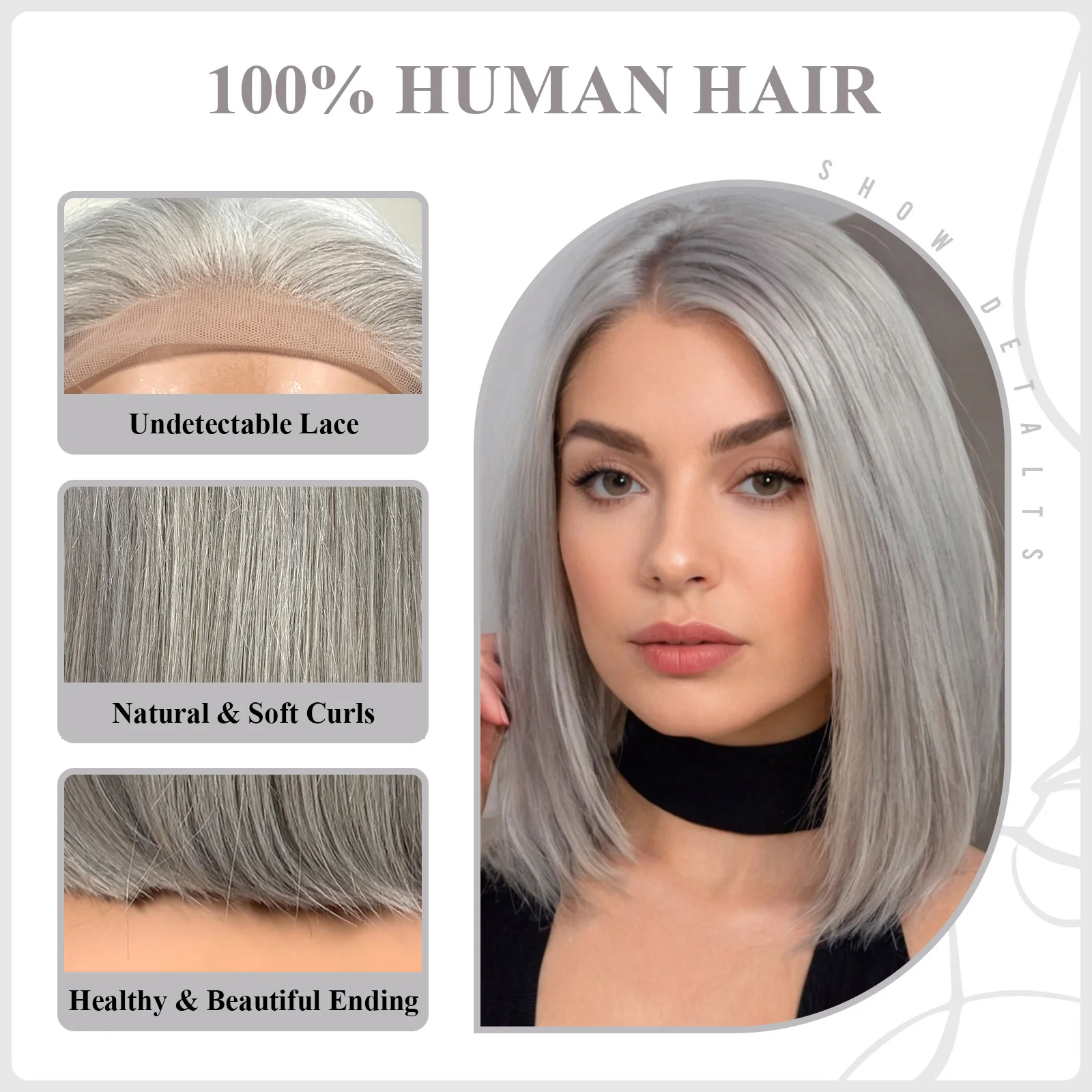 13*4 Lace Front Human Hair Short Straight Silver Gray Bob Wigs Shoulder Length Natural Hair for Women Daily Use