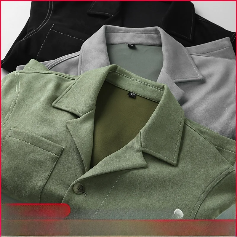 

Retro Japanese Sle Cuban Collar Suede Jaet Men's Faion Outerwear New Spring Autumn Stand Fit Long Sve Youth