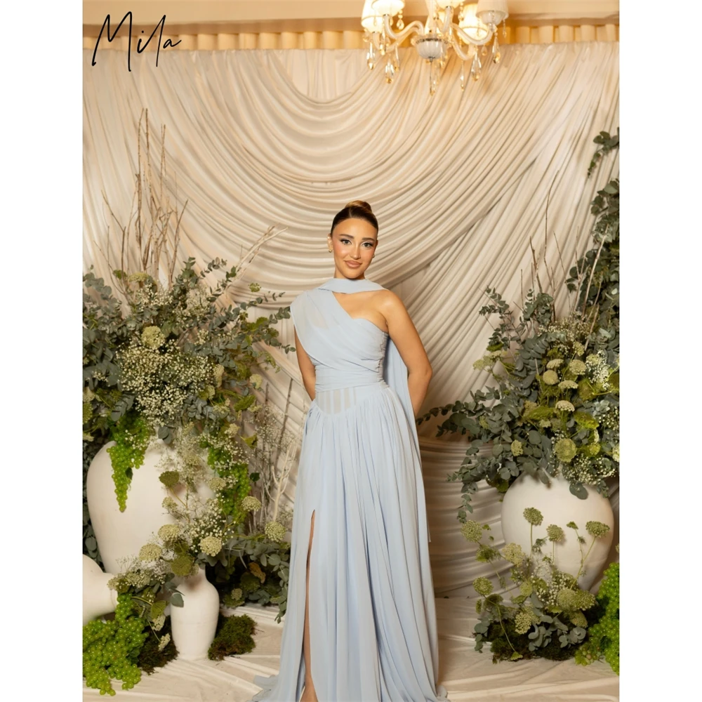 Mila Custom Light Blue Chiffon One Shoulder Prom Dress High Waist Split Long Evening Dress Elegant Formal Graduation Party Gown
