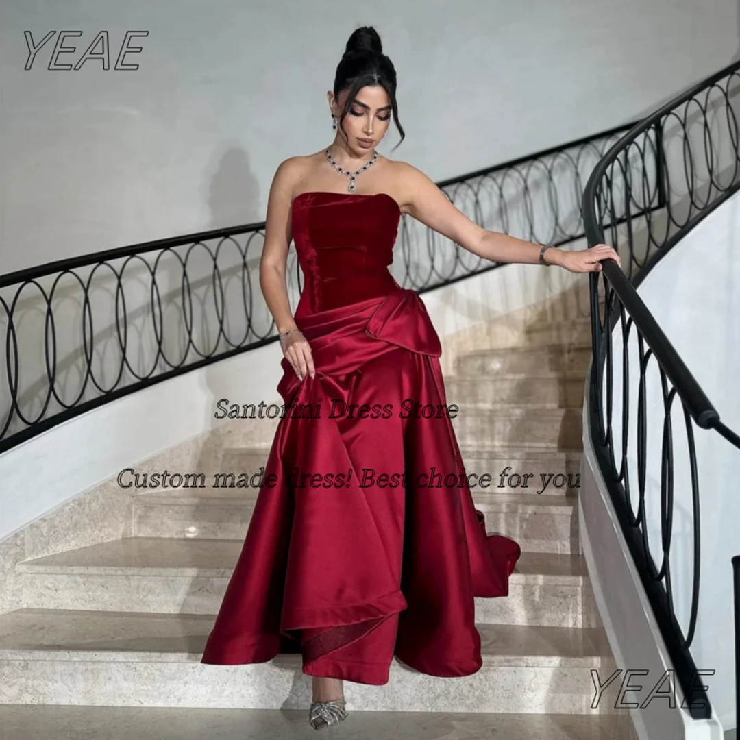 Santorini Strapless Prom Dresses Soft Velour Top Customized Bow Wedding Party Dress Ruched Satin Long Elegant Evening Gowns