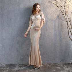 Robe formelle en velours pour femme, col en tulle transparent, manches flottantes, robe sexy pour invité au mariage