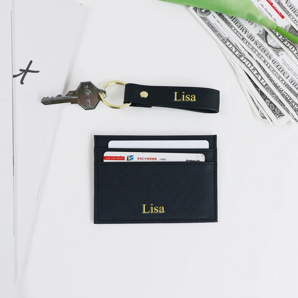 Customized Name 1 Set of Solid-Color Cross-Patterned PU Leather Universal Ultra-Thin Credit Card Holder Keychain Set
