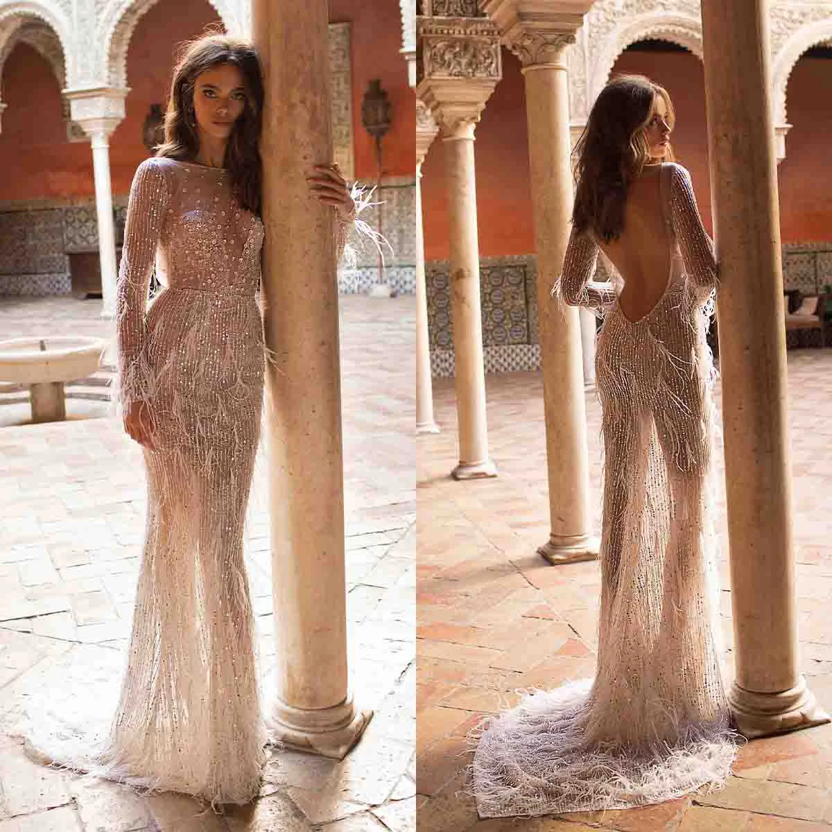 

Elegant Mermaid Wedding Dress Jewel Long Sleeves Stripe Sequins Applicants Feathers Backless Court Custom Made Vestidos De Novia