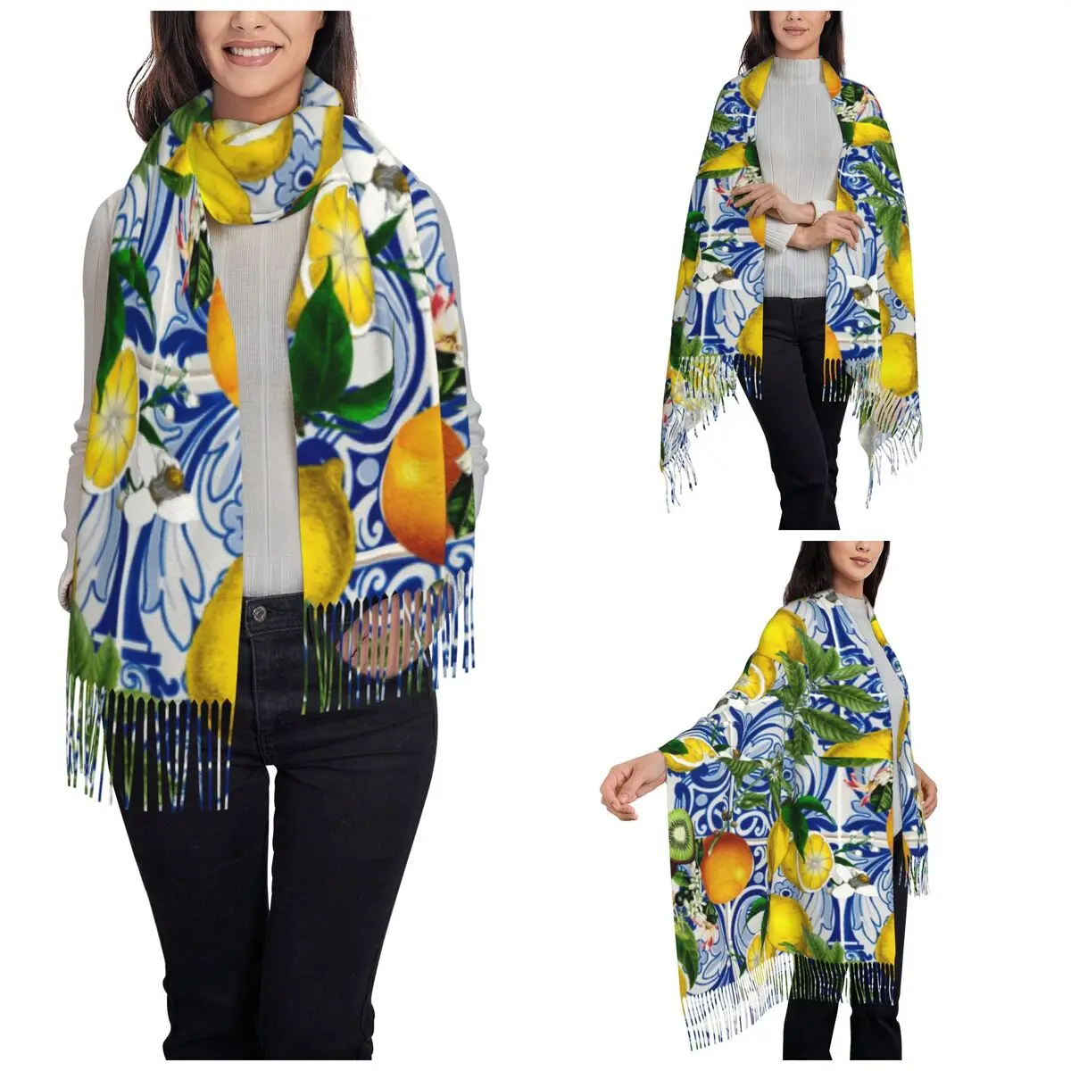 Mediterranean Lemon Shawl Wrap Women Winter Warm Large Soft Scarf Nordic Fresh Yellow Print Neckerchief Tassel Scarves