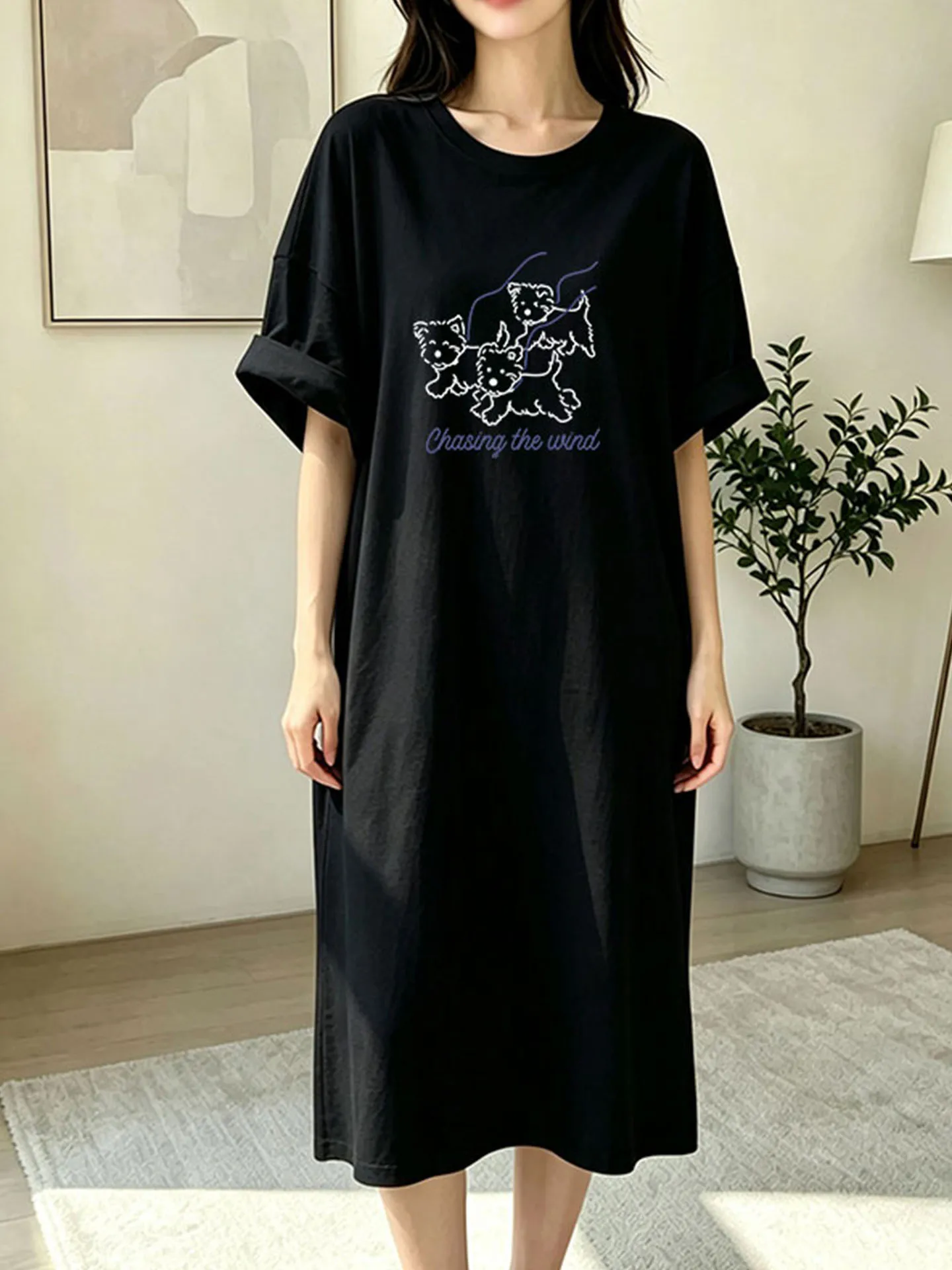 High Quality round Neck Short Sleeve T-Shirt Dress Korean Style Loose Waist Casual Slimming Fashionable Knee-Length 