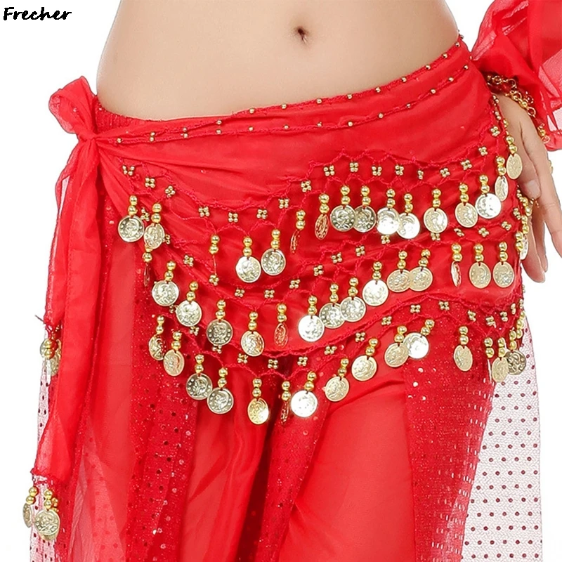 Chiffon Performance Skirts with Metal Coin Waist Belts Latin Belly Dance Dress Women Indian Dancing Practice Skirt Waistbands