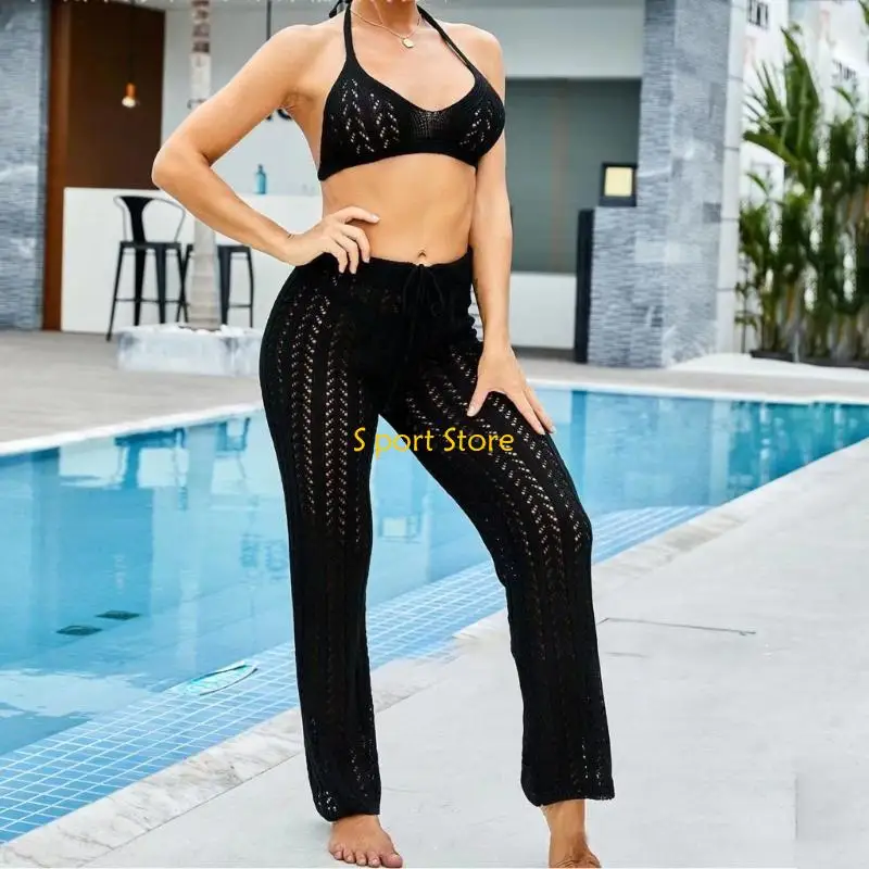 U2JB Womens Hollow out Long Pants Lace-Crochet Halter-Bra Top Sexy Two Pieces Outfits