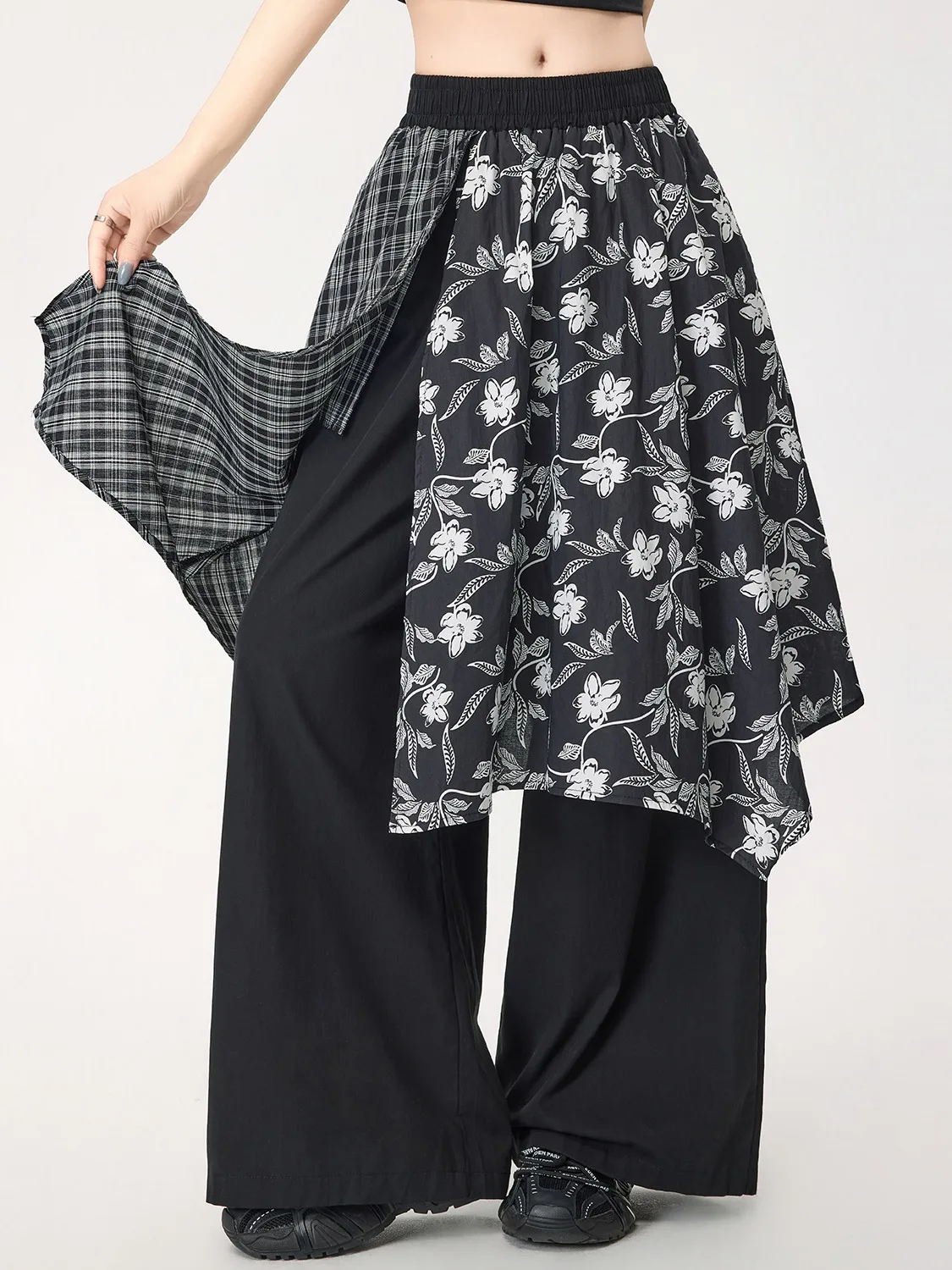 

Широкие повседневные брюки в корейском стиле с пэчворком и клетчатым узором, женские летние брюки прямого кроя с цветочным принтом в стиле ретро, длинные брюки