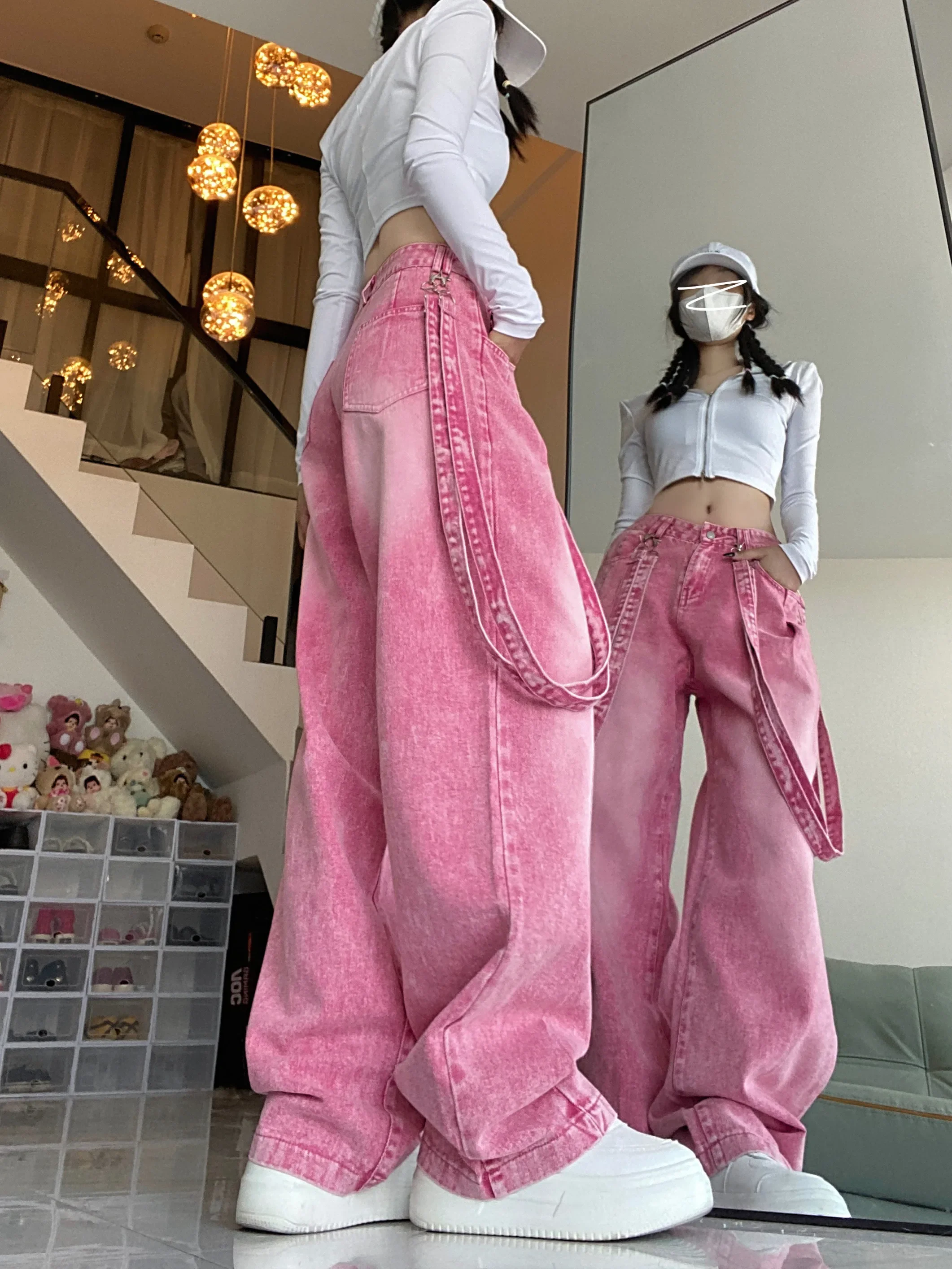 Streetwear Cut Out Denim Trousers Women Jeans High Waist Dopamine Pink Y2K Patchwork Belt Casual Loose Straight Cargo Pants