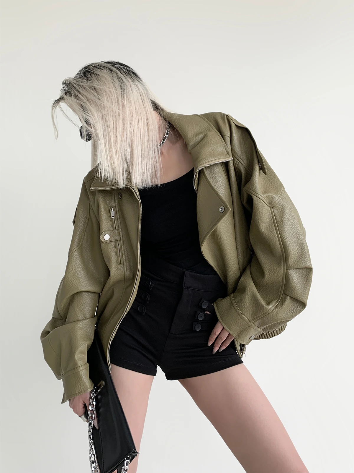 American Sle Motorcycle Leather Jaet Women's Spring Autumn Outerwear Berlin Street Sle High Waist ape PAPERLLL