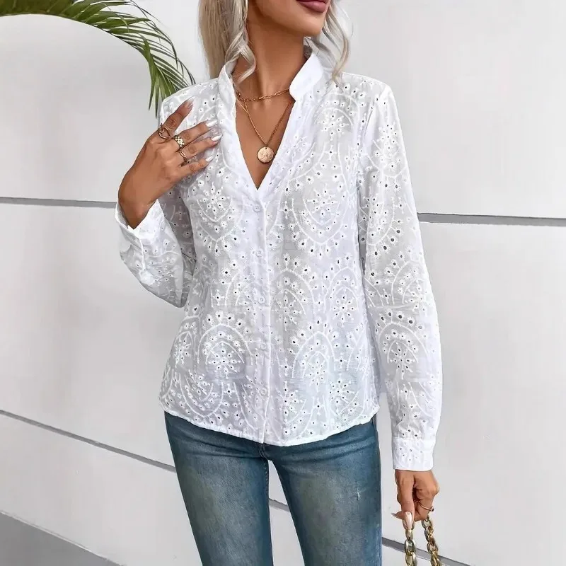 

Women's White Eyelet Embroidered Stand Collar Long Sleeve Shirt Casual Loose Button Down Blouse For Summer