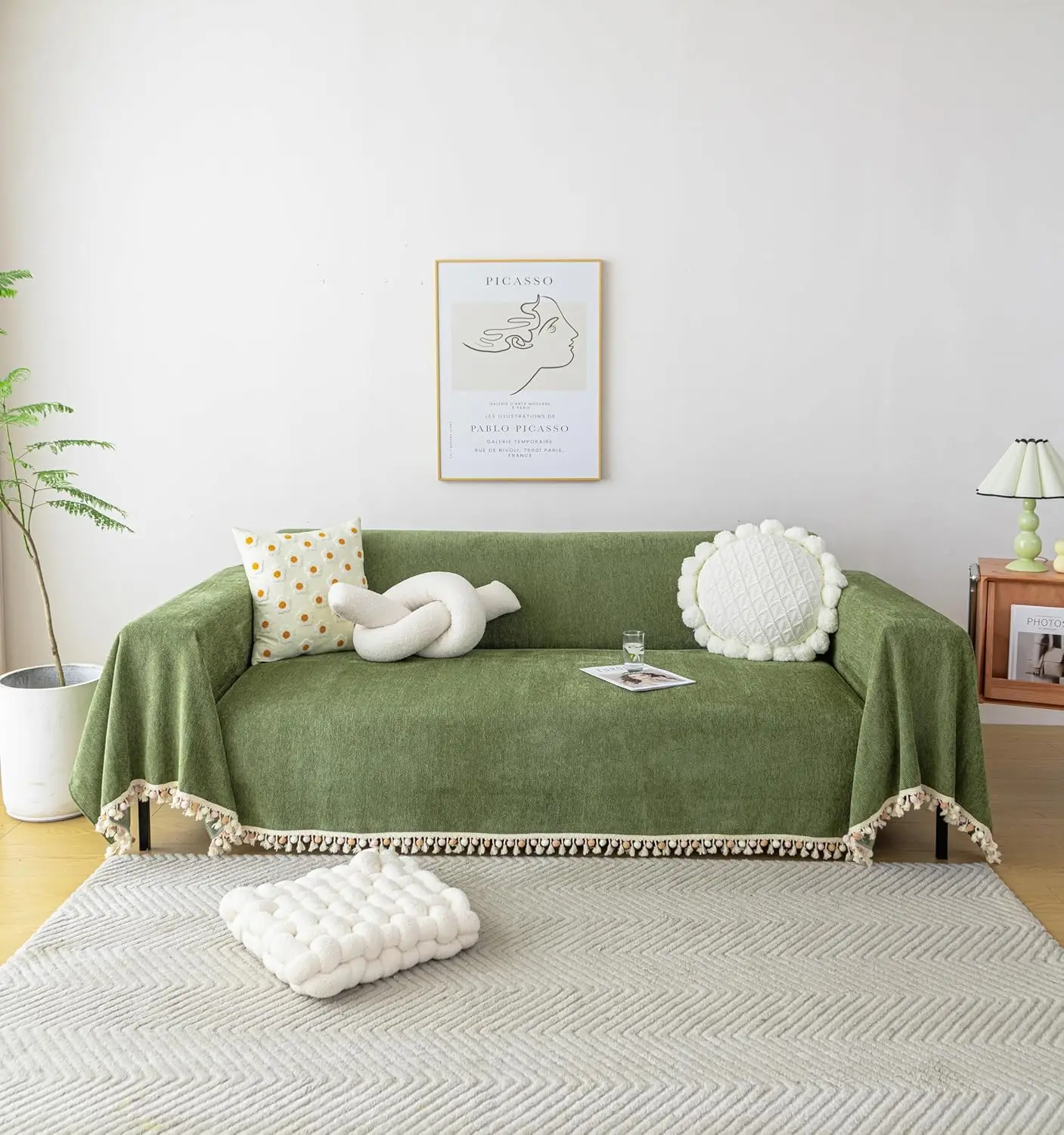 

Зеленый винтажный чехол для дивана с бахромой и узором «елочка» для 3-местного дивана, из мягкой ткани шенилл, 71x118 дюймов, подходит для собак