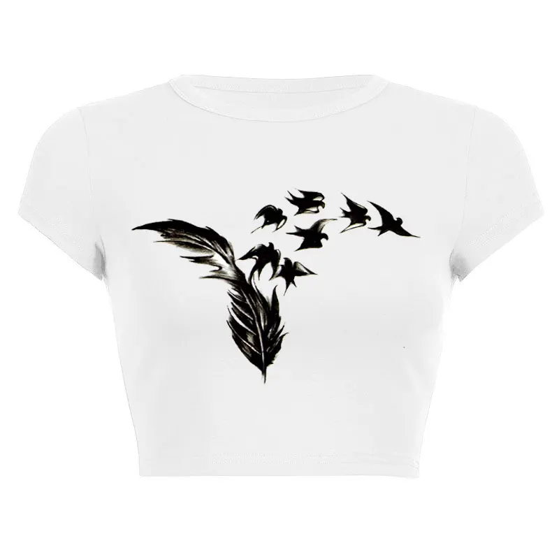 Swallow Print Short Sleeve Women Casual T Shirts Basic O Neck All Match Crop Top Soft Bodycon Fashion Tees Blouse