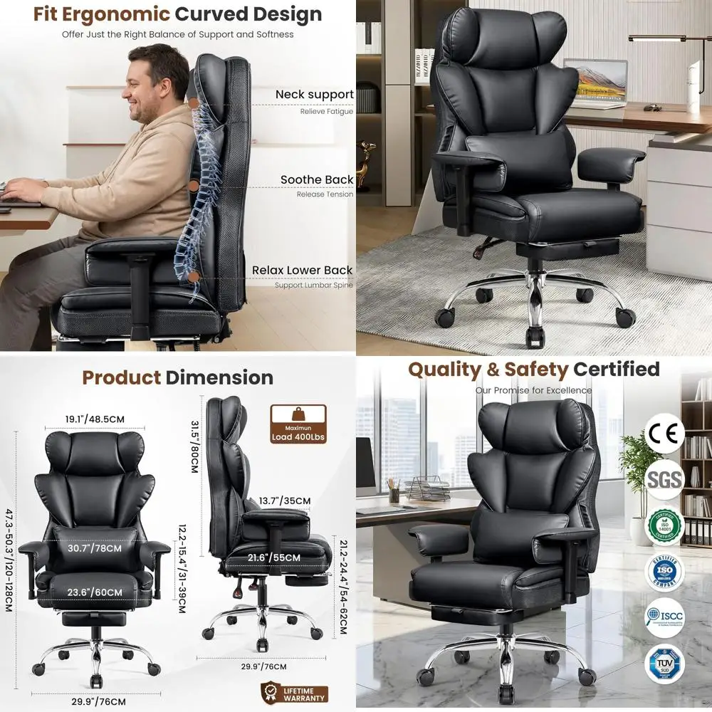 

High-Capacity 400 lbs Ergonomic Office Chair with Lumbar Support, Footrest, and Adjustable Armrests - Black