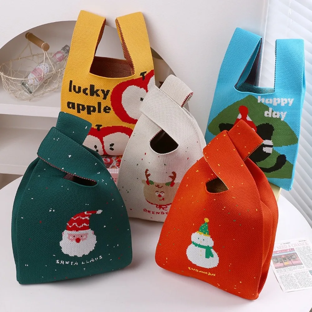 Casual Christmas Gift Christmas Knitted Handbag Santa Claus Cartoon Knot Wrist Bag Purse Weave Wool Bucket Bag Student