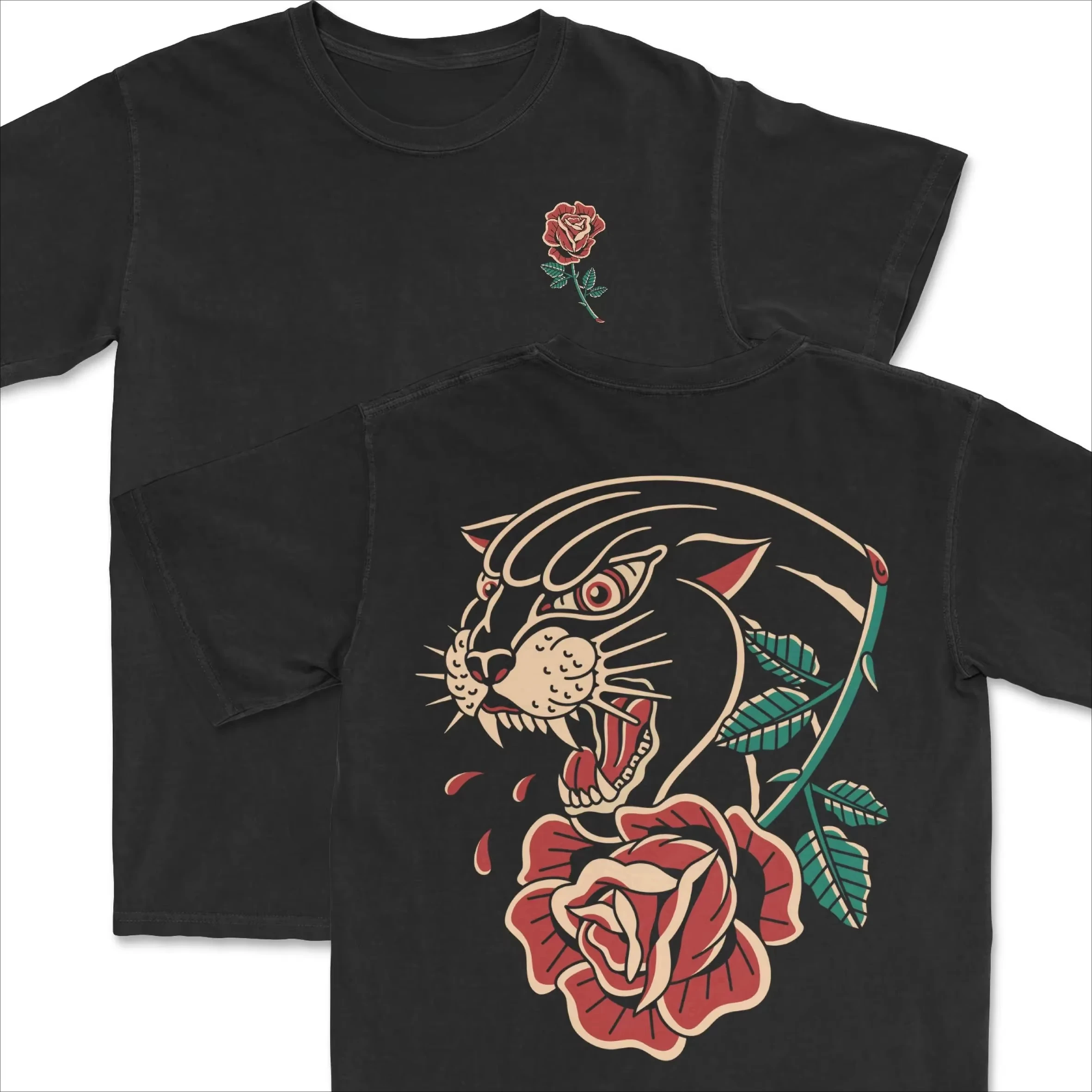 Summer New Four-eyed Leopard Print T-shirt, American Traditional Tattoo Clothing Tattoo Pattern T-shirt Retro for Men and Women