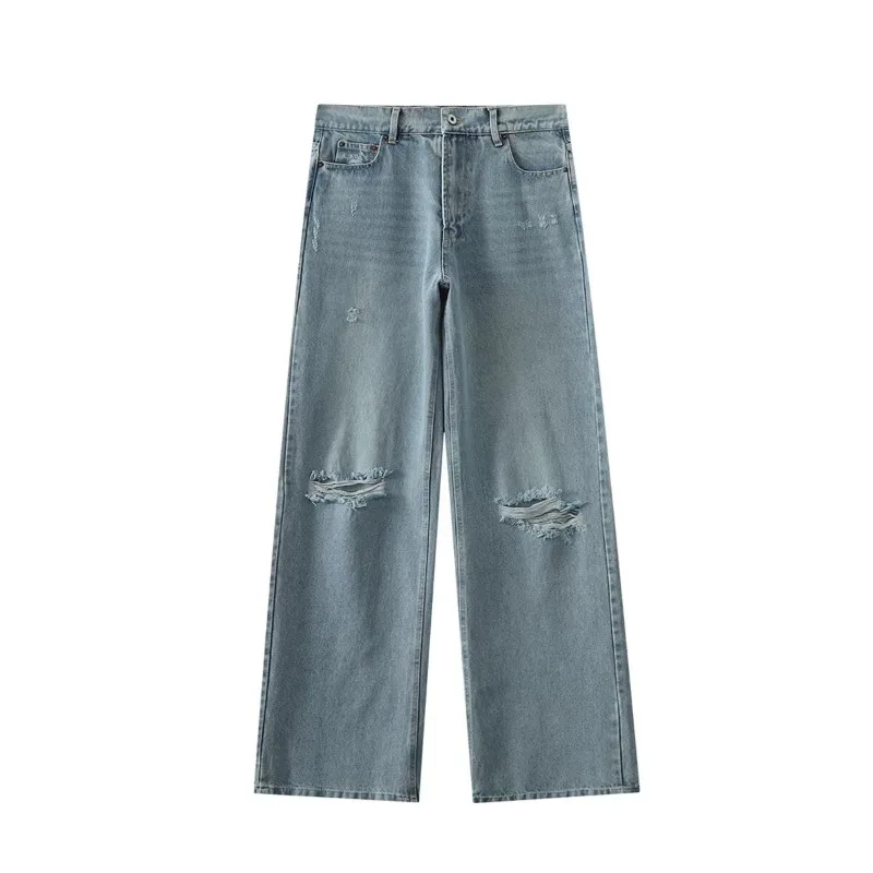 

TRAFZR Summer Jeans Women Streetwear Cotton Y2k Harajuku Fashion Boyfriend Torn Street Women's High-waisted Woman Straight Pants