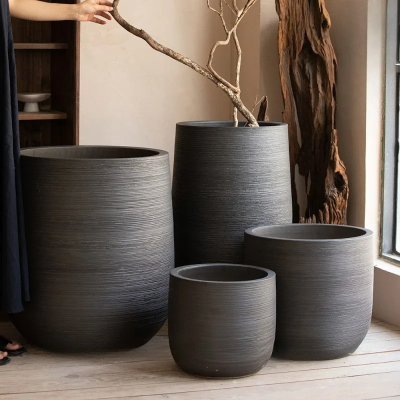 

Jingdezhen floor-to-ceiling ceramic flower pot modern simple large-diameter black deep pot living room courtyard landscaping