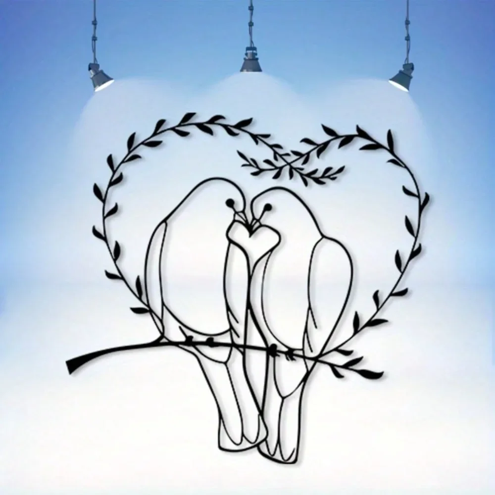 Vintage Love Theme Metal Wall Art,2D Flat Laser‑Cut Silhouette,Doves Heart Wreath Iron Wall Mural,Bedroom Wedding Venue Wall